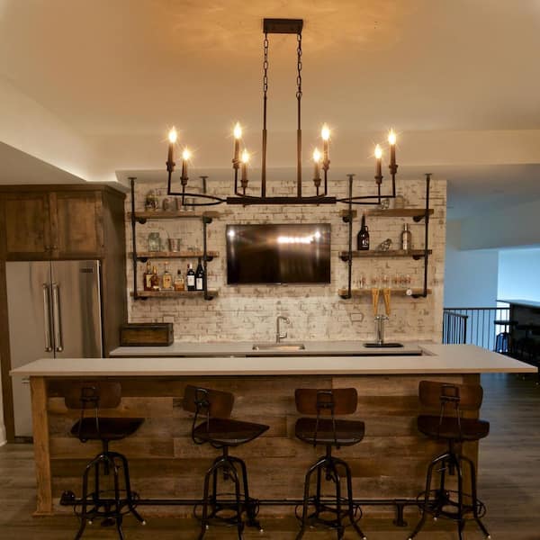 Industrial 8-Light Black Linear Classic-Candle-Style Chandelier for Kitchen Island with No Bulbs Included