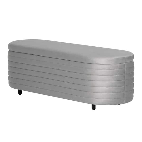 Farrah 54 in. Wide Oval Velvet Upholstered Entryway Flip Top Storage Bedroom Accent Bench in Gray