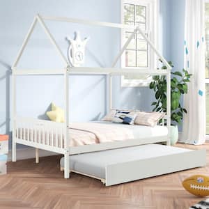 79.5in.Lx57in.W White Pine Full Size House Kids Bed with Trundle