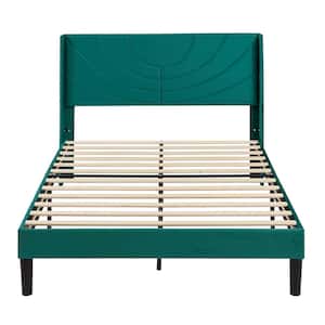 Upholstered Bed Green Metal Frame Full Platform Bed with Headboard Wood Slat Support