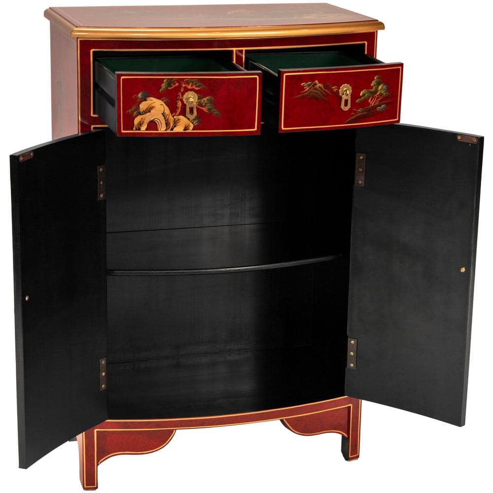 Red Lacquer Hand-Painted Landscape Solid Wood Accent Cabinet