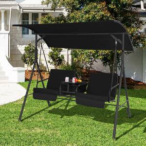 2-Person Canopy Metal Porch Swing Padded Chair Cooler Bag Rotatable Tray Black