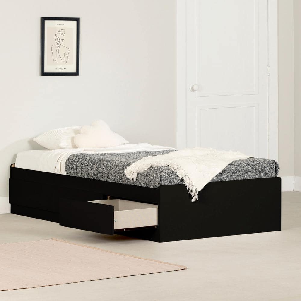 Pure Black Twin Wood Frame Storage Bed with 3 Drawers