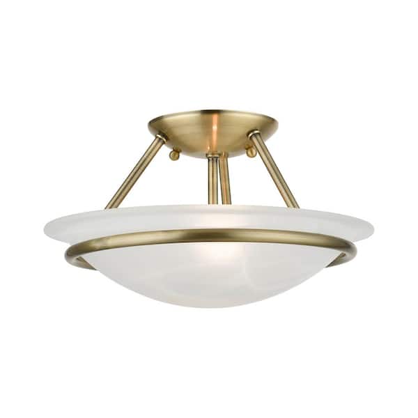 Newburgh 12 in. 2-Light Antique Brass Semi-Flush Mount with White Alabaster Glass