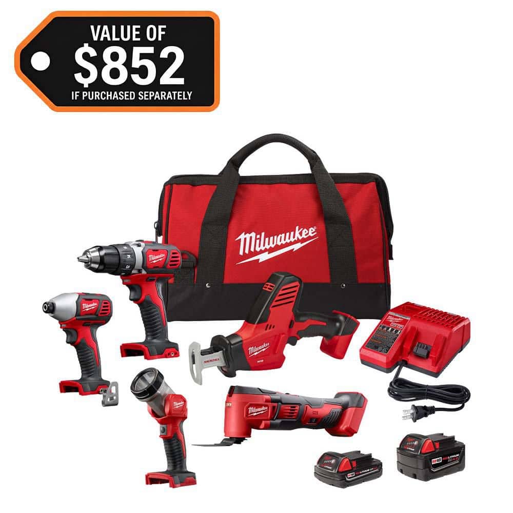 Milwaukee M18 18V Lithium-Ion Cordless Combo Kit (5-Tool) with (2) Batteries, Charger and Tool Bag 2694-25