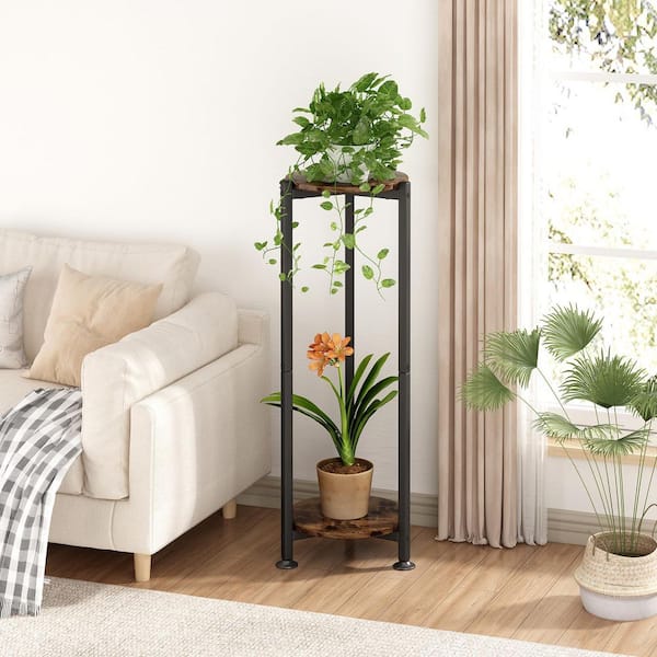 Augbeer 2-Tier Round Metal Flower Storage Plant Shelf Holder for