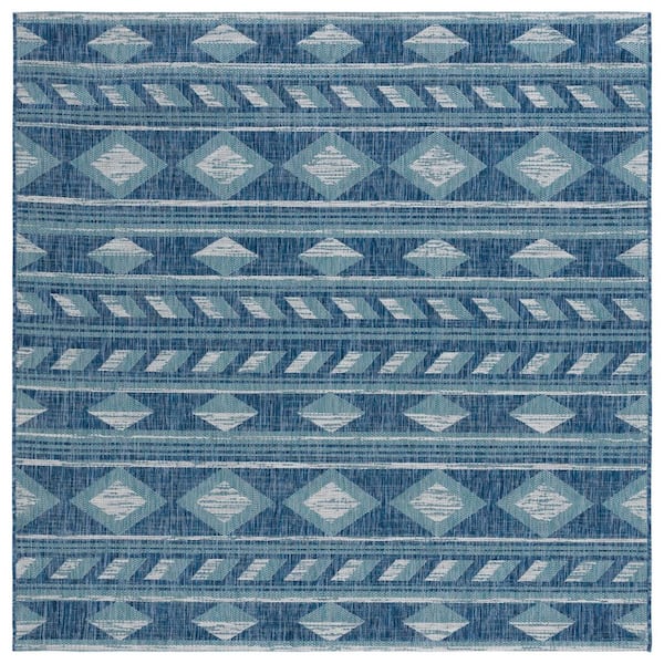 Courtyard Navy/Aqua 5 ft. x 5 ft. Striped Diamond Geometric Indoor/Outdoor Square Area Rug