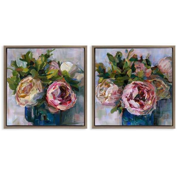 Stupell Industries Impasto Cabbage Roses in Vases by Borcherding 2 Pieces Brown Floater Frame Nature Graphic Art Print 25 in. x 25 in.