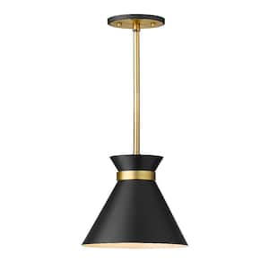 1-Light Matte Black and Heritage Brass Pendant with Matte Black Metal Shade