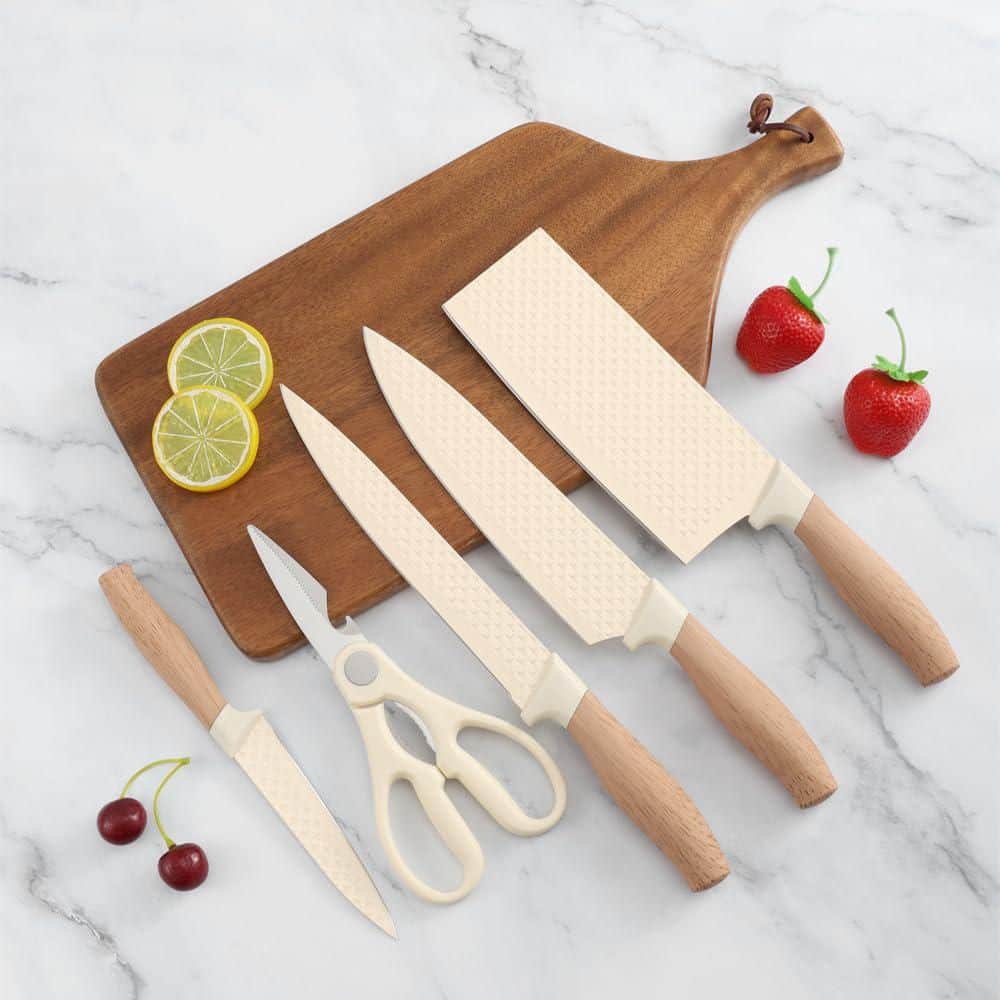 6-Piece Stainless Steel Beige Kitchen Knife Set with Knife Block, Anti-Rust Non-stick Sharp Chef Knife Set for Home - Thumbnail 3
