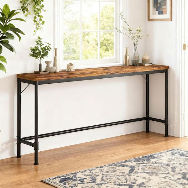 70.86 in. L x 13.77 in. D Brown Rectangle Wood Console Table w/ Metal Frame, Sofa Table for Living Room, Entryway Table