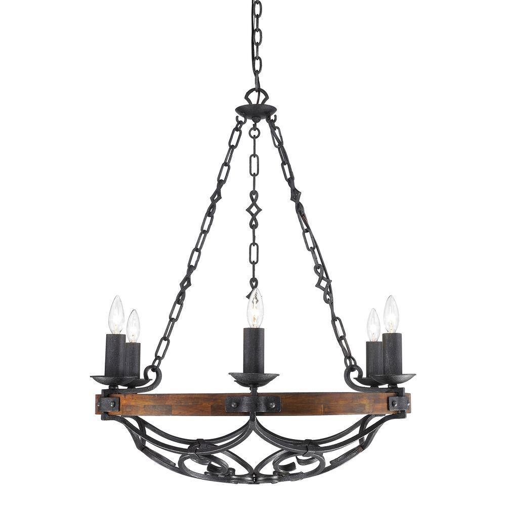 Rustic Madera Black Iron 6-Light Chandelier with Solid Wood Accents
