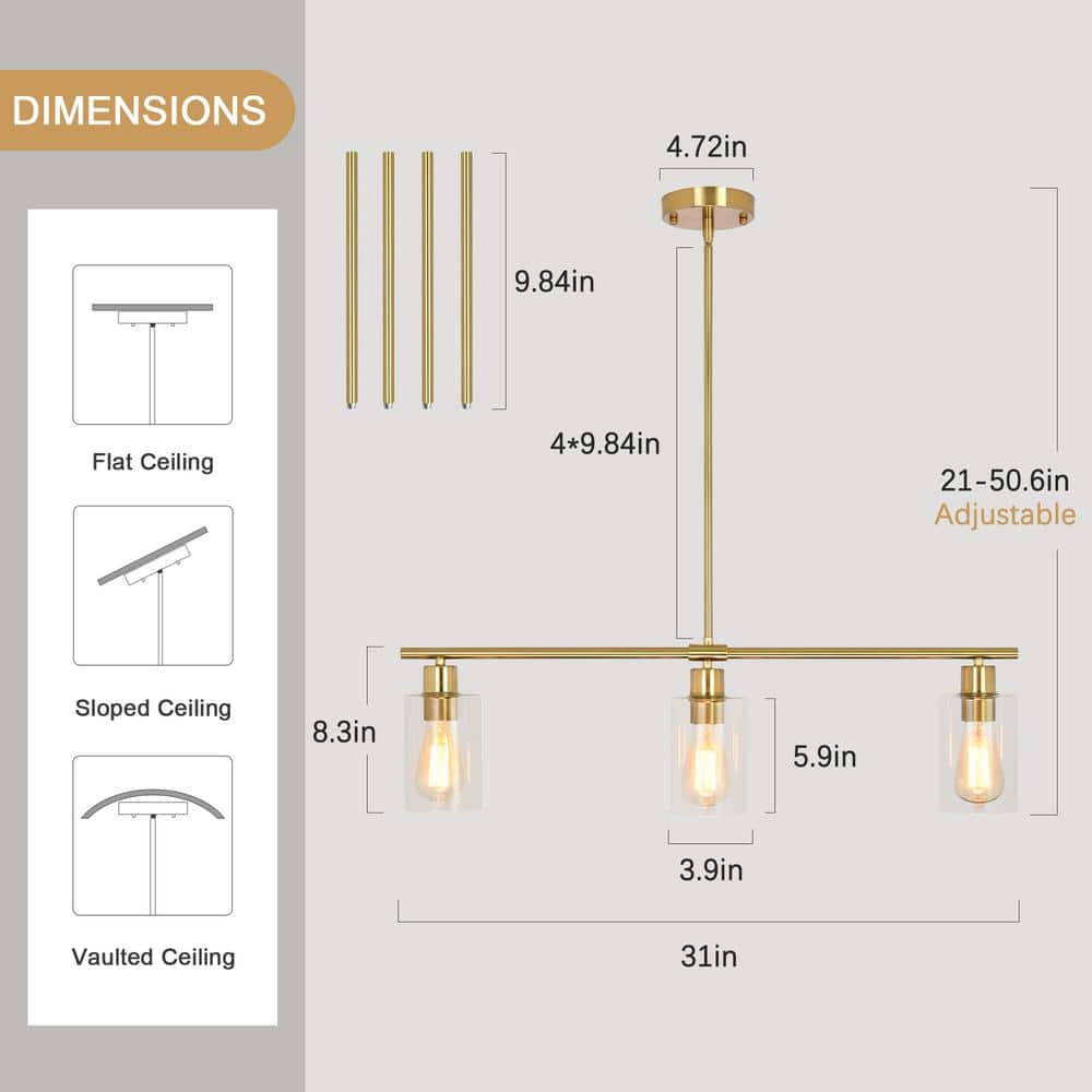 Gold Linear Pendant Light with Clear Glass Shades