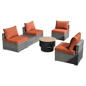 Sanibel Gray 6-Piece Wicker Outdoor Patio Conversation Sofa Set with a Wood-Burning Fire Pit and Orange Red Cushions