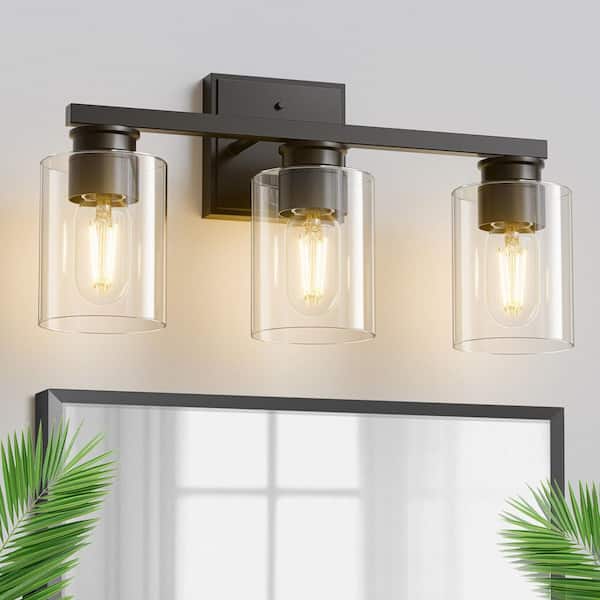 18 in. 3-Light Black Vanity Light with Clear Glass for Elegant Bathroom Lighting
