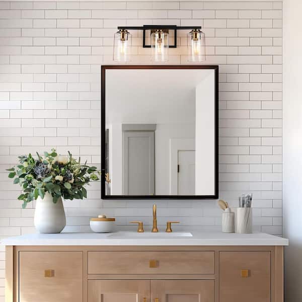 20 in. 3-Light Modern Vintage Brass Bathroom Vanity Light Seeded Glass Black Bath Lighting Classic Bath Bar Vanity Light