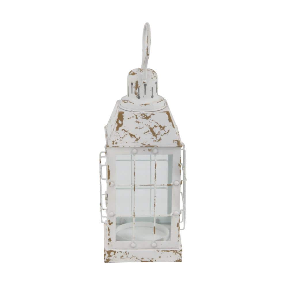 Vintage White Metal Candle Lantern with Distressed Finish - 7"x14"