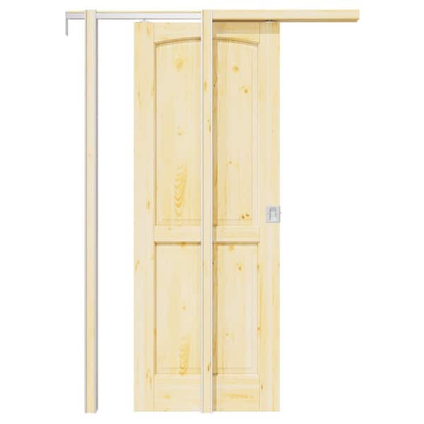 ARK DESIGN 30 in. x 80 in. Arch 2-Panel Unfinished Pine Wood Sliding Pocket Door with Hardware (Soft Close and Silver Lock Incl)