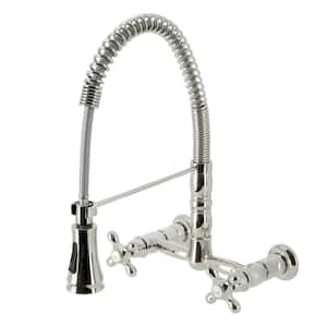 Heritage Double Handle Wall Mount Pull Down Sprayer Kitchen Faucet in Polished Nickel