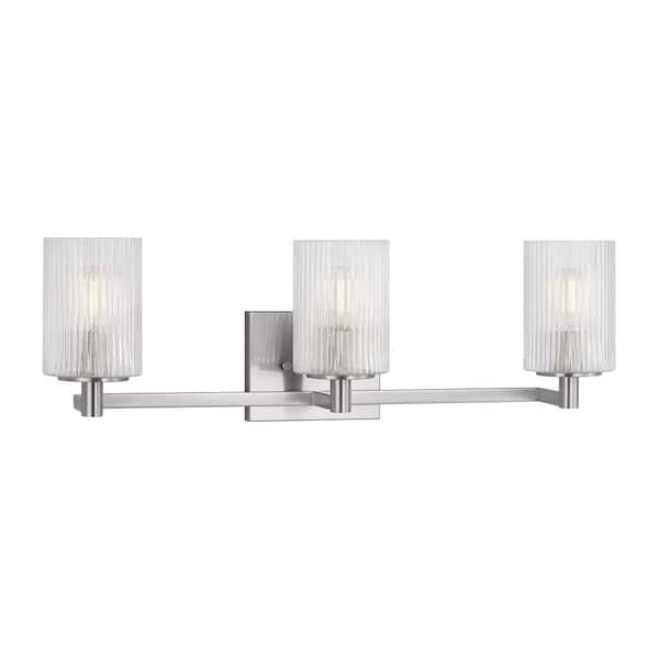 Generation Lighting Lando 24.625 in. W x 7.75 in. H 3-Light Brushed Steel Bathroom Vanity Light with Clear Fluted Glass Shades