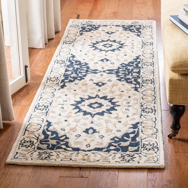 Micro-Loop Ivory/Navy 2 ft. x 7 ft. Geometric Runner Rug