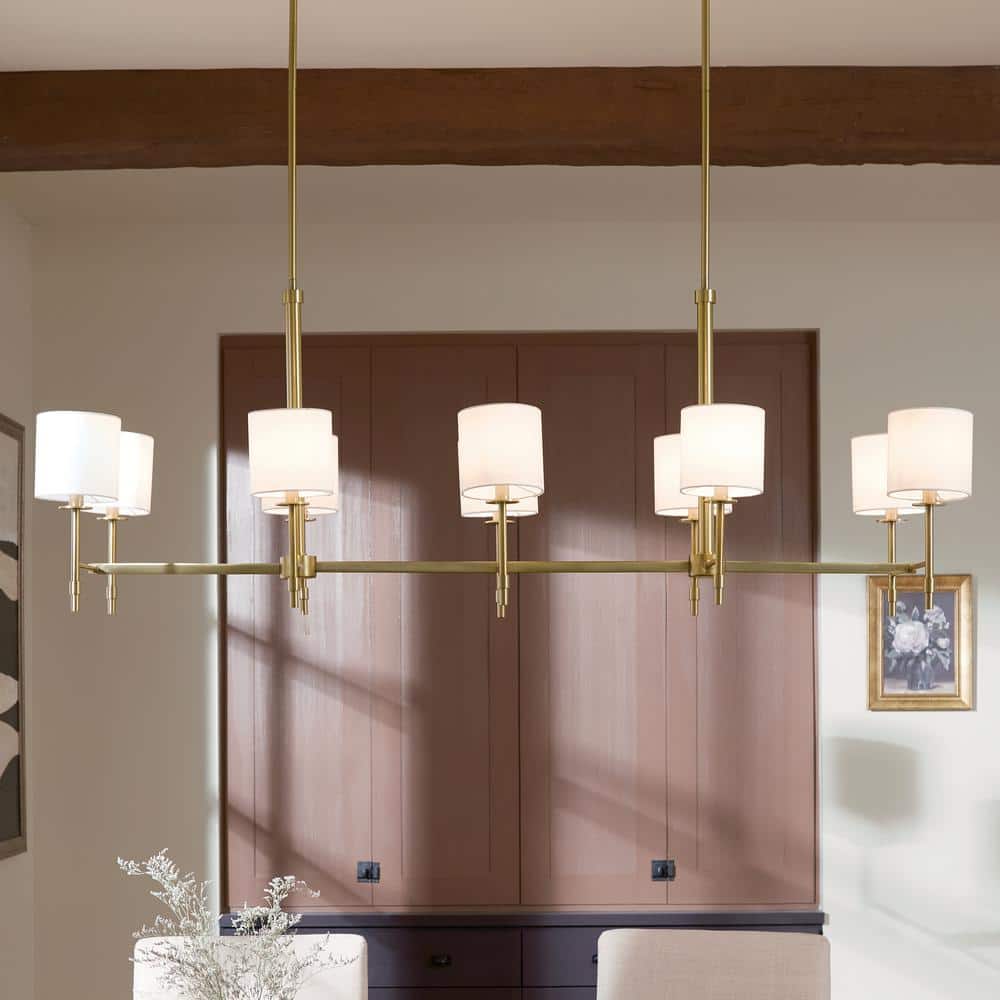 Brushed Brass 10-Light Linear Chandelier with Fabric Drum Shades
