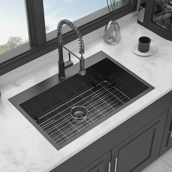 Staykiwi 30 in. Drop-In Single Bowl 18-Gauge Gunmetal Black Stainless Steel Kitchen Sink with Bottom Grids