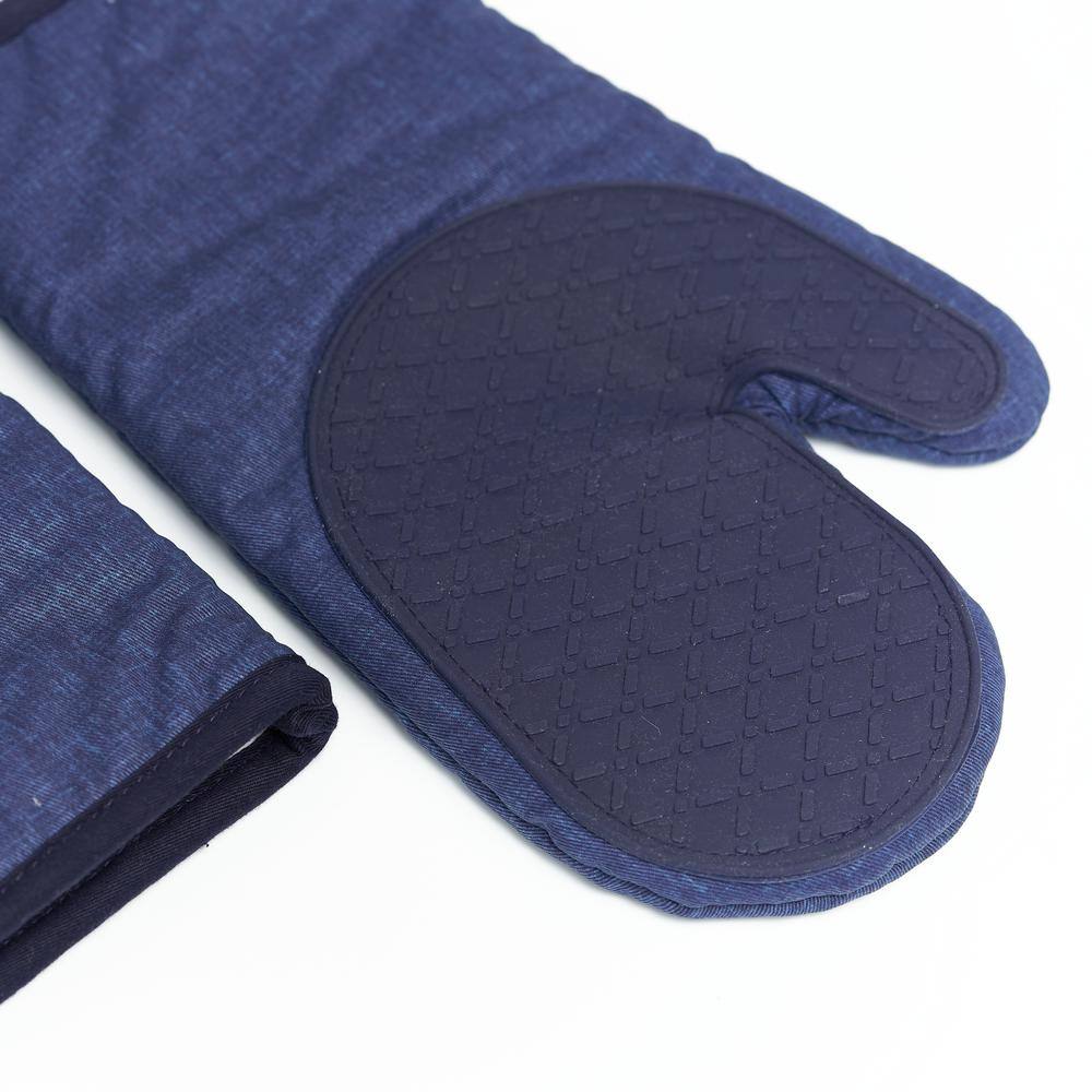 Navy Cotton Oven Mitts with Silicone Palm, Set of 2