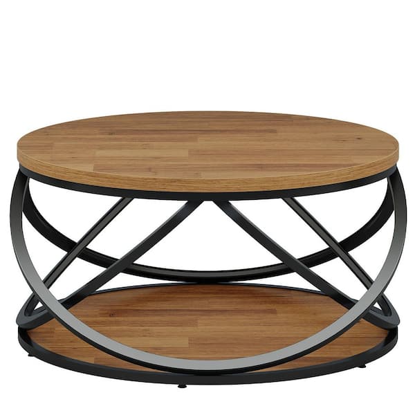 Allan 31.5 in. Brown and Black Round Engineered Wood Coffee Table with Storage
