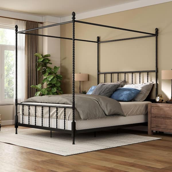 Cathy Black Metal Frame Queen Canopy Bed With Spindle Posts