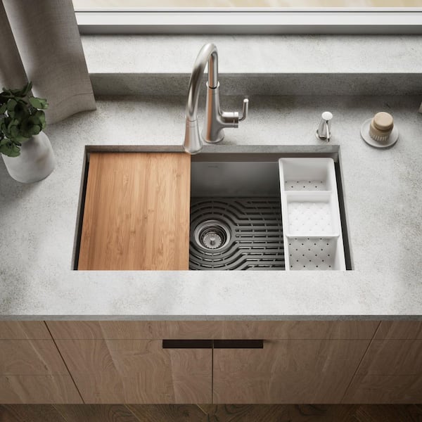 Task Workstation 33 in. Drop-In Single Bowl Stainless Steel Kitchen Sink with 2-Faucet Holes