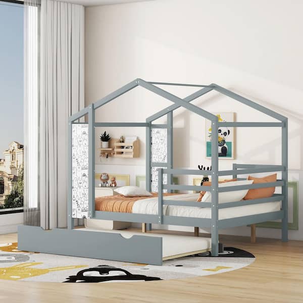 Harper & Bright Designs Gray Wood Frame Full Size House Platform Bed with Blackboard, Twin Size Trundle, Fence Bedrails
