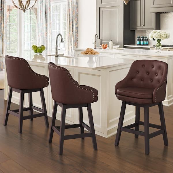 26 in. Dark Reddish Brown Faux Leather Swivel Barstool Solid Wood Frame Double Cushion Counter Height Bar Stool Set of 3