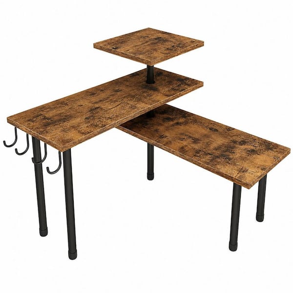 3-Tier Corner Countertop Organizer Shelf with Hooks, Rustic Brown Spice Rack for Kitchen and Bathroom