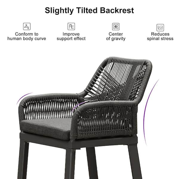 Modern Aluminum Rattan Counter Height Outdoor Bar Stool with Back and Grey Cushion (4-Pack)