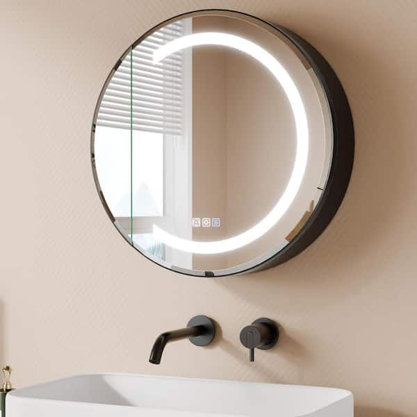 Radii 24 in. W x 24 in. H Round Silver Aluminum Medicine Cabinet with Mirror, Dimmable LED, Soft-Close Hinge