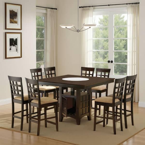 Uric Brown Square Wood Top Counter Height Dining Table with Wine Storage and 8 Lattice Chairs