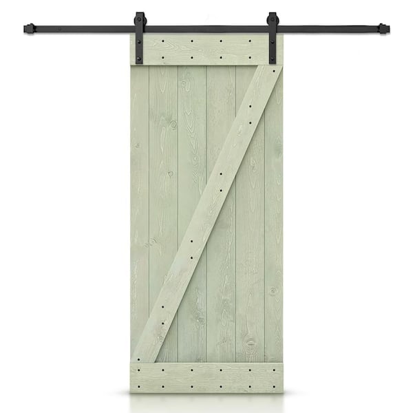 CALHOME Z Bar Series 30 in. x 84 in. Pre-Assembled Sage Green Stained Wood Interior Sliding Barn Door with Hardware Kit