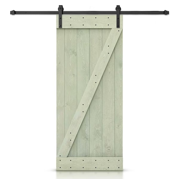 CALHOME Z Bar Series 36 in. x 84 in. Pre-Assembled Sage Green Stained Wood Interior Sliding Barn Door with Hardware Kit