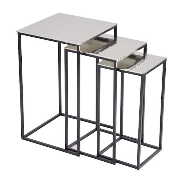 Litton Lane 15 in. Silver Rectangle Aluminum End Table with Black Bases 3-Pieces