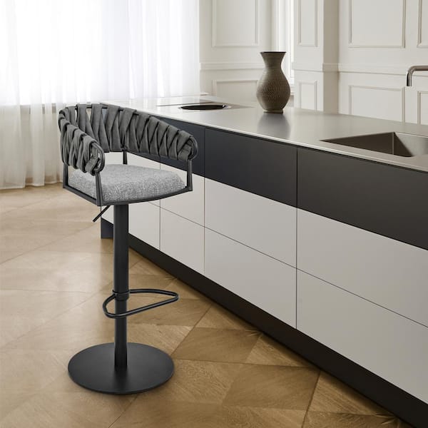 Armen Living Blaise 22-32 in. Gray High Back Metal Adjustable Height Bar Stool with Fabric and Faux Leather Seat
