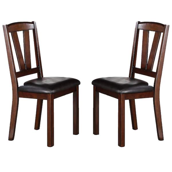 SIMPLE RELAX Walnut Solid Wood and Black Faux Leather High Chair (Set of 2)