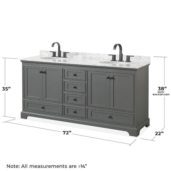 Deborah 72 in. W x 22 in. D x 35 in. H Double Bath Vanity in Dark Gray with White Carrara Marble Top