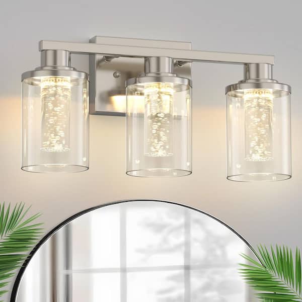 17 in. 3-Light Brushed Nickel Vanity Light with Clear Glass Shade，5CCT Dimmable LED Modern Bathroom Fixture for Mirror