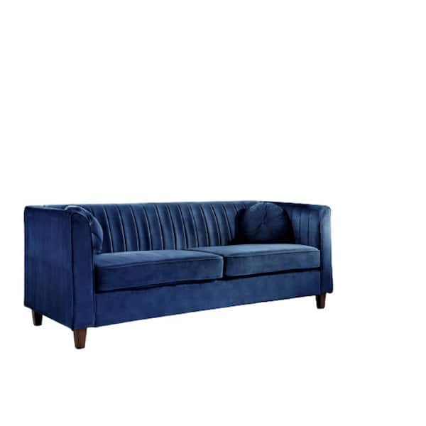 US Pride Furniture Lowery 79.5 in. W Square Arm Velvet 3-Seats Tuxedo Straight Sofa with Square Arms in Blue