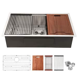 33 in. Undermount Single Bowl 16-Gauge Brushed Nickel Stainless Steel Kitchen Sink with Cutting Board and Drying Rack