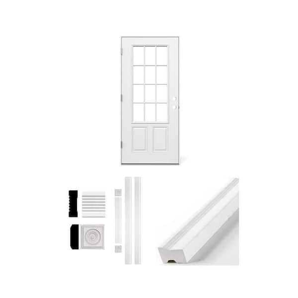 36 in. x 80 in. Steel Outswing Door, 3/4 in. MDF Casing (96 in. 5-Pack), and 1-1/4 in. x 2 in. PVC Brick Mould Bundle