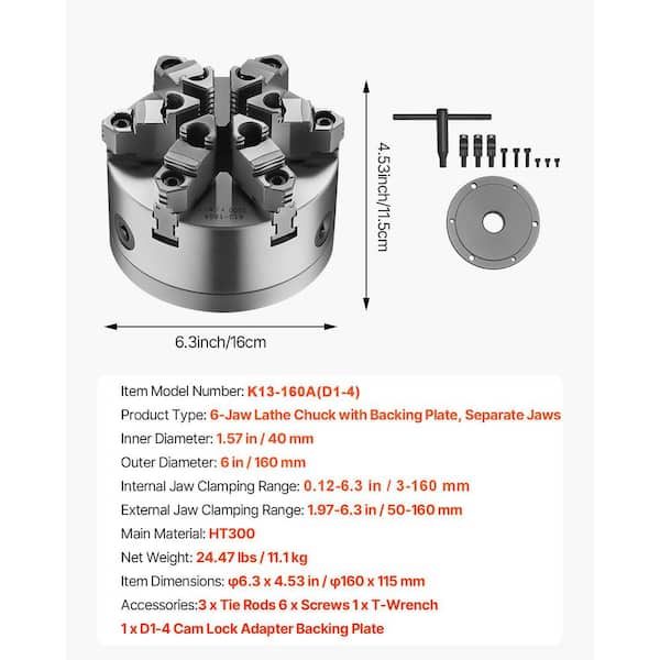 SKYSHALO 6-Jaw Lathe Chuck 6 in. (160 mm) Self-Centering Chuck