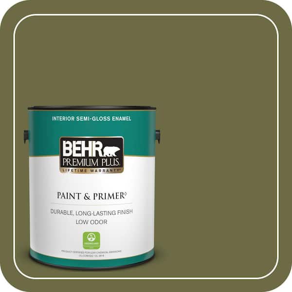 BEHR PREMIUM PLUS 1 gal. Home Decorators Collection #HDC-CL-20 Portsmouth Olive Semi-Gloss Enamel Low Odor Interior Paint & Primer