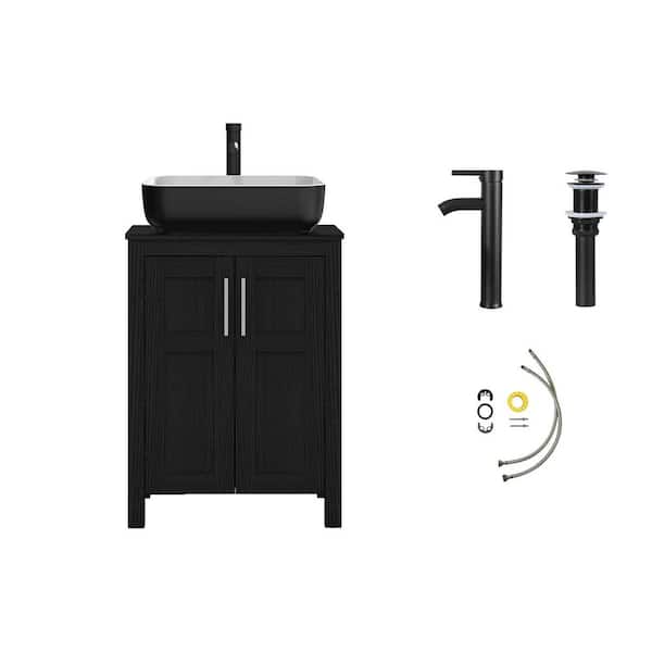 24 in. Freestanding Black Bath Vanity Cabinet with Black Solid Surface Top and Single Sink Set Unassembled
